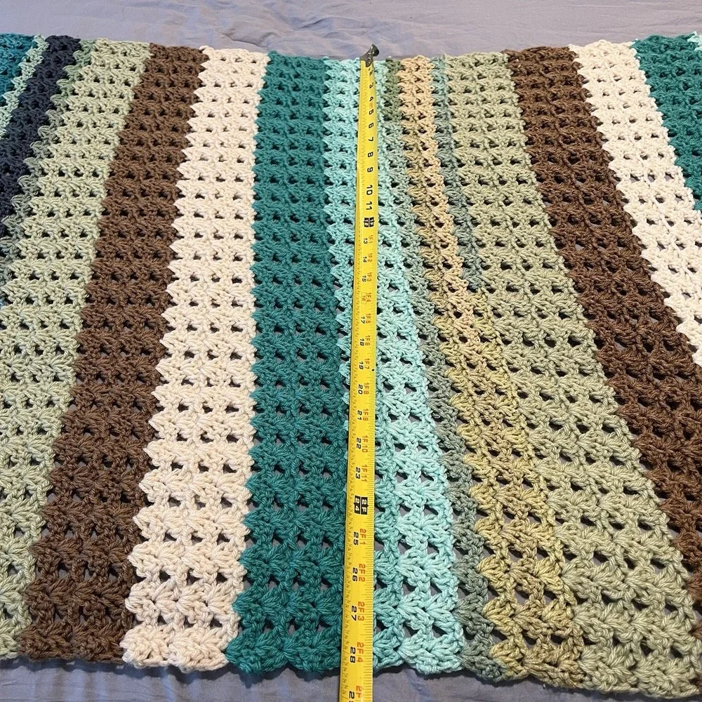 Crocheted Striped Throw Blanket afghan 65 x 28 earth tone cottage core